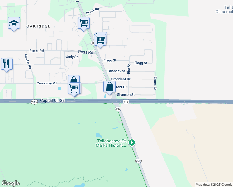 map of restaurants, bars, coffee shops, grocery stores, and more near 4553B Woodville Highway in Tallahassee