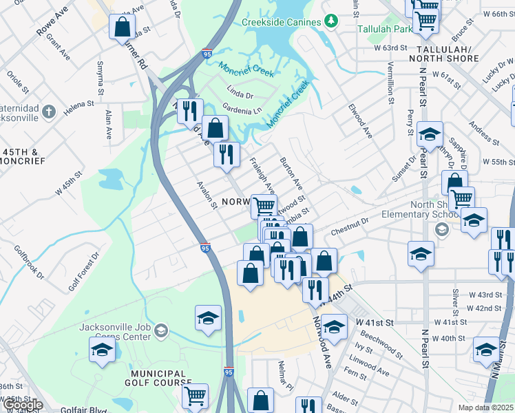 map of restaurants, bars, coffee shops, grocery stores, and more near 849 Broxton Street in Jacksonville