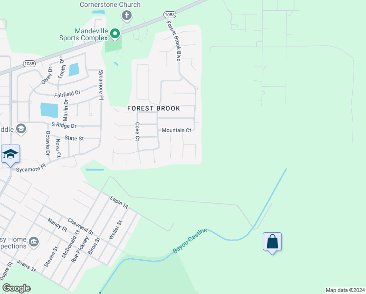 map of restaurants, bars, coffee shops, grocery stores, and more near 1024 Creek Court in Mandeville