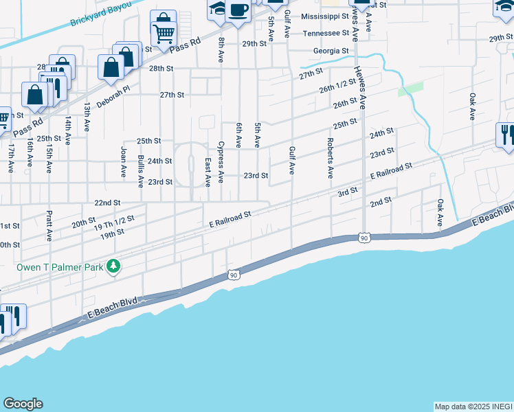 map of restaurants, bars, coffee shops, grocery stores, and more near 918 East Railroad Street in Gulfport