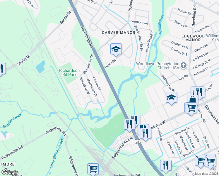 map of restaurants, bars, coffee shops, grocery stores, and more near 6440 New Kings Road in Jacksonville