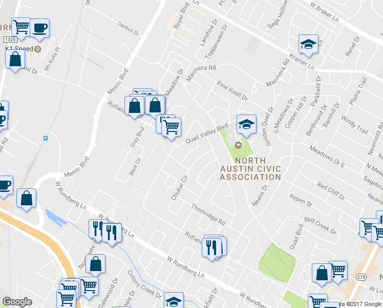 map of restaurants, bars, coffee shops, grocery stores, and more near 10101 Quail Hutch Drive in Austin