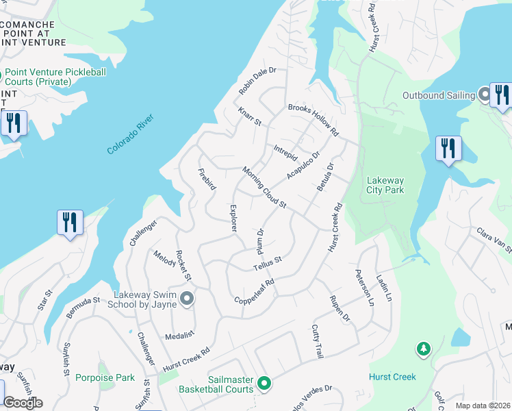map of restaurants, bars, coffee shops, grocery stores, and more near 103 Acapulco Court in Lakeway