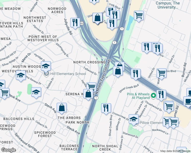 map of restaurants, bars, coffee shops, grocery stores, and more near 8871 Tallwood Drive in Austin