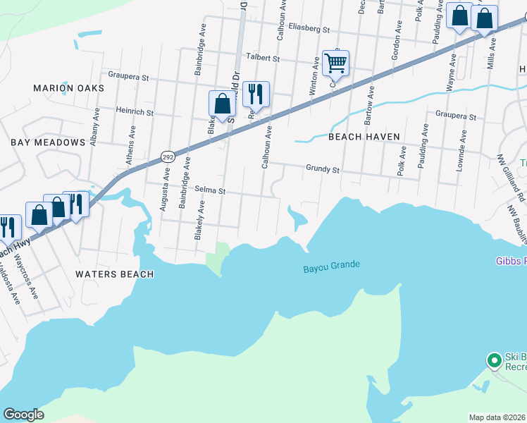 map of restaurants, bars, coffee shops, grocery stores, and more near 317 Bremen Avenue in Pensacola