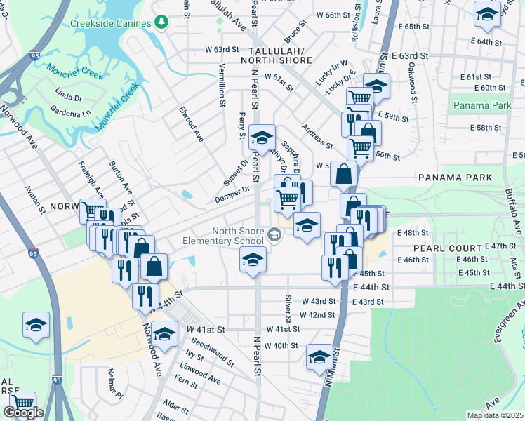 map of restaurants, bars, coffee shops, grocery stores, and more near 5902 North Pearl Street in Jacksonville