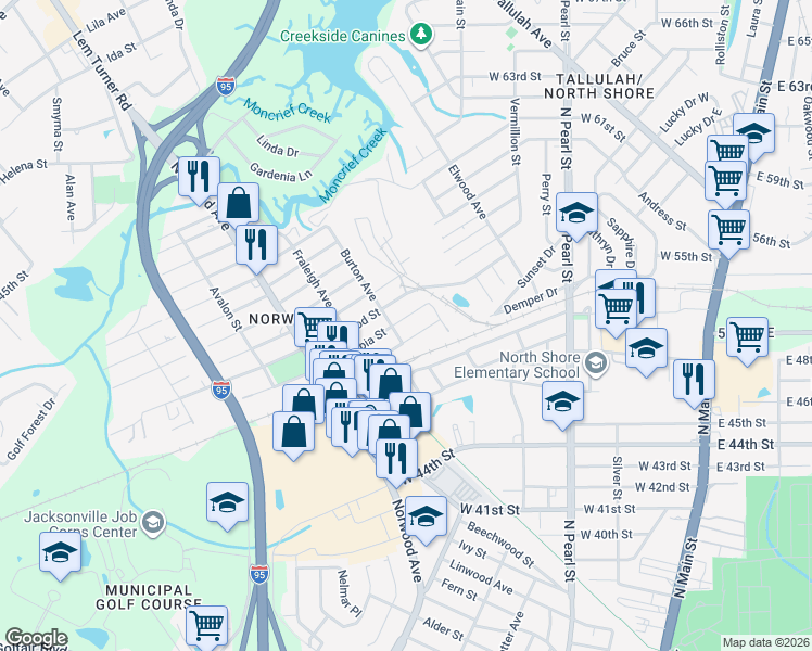 map of restaurants, bars, coffee shops, grocery stores, and more near 645 Carlton Street in Jacksonville
