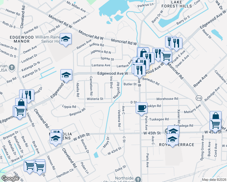 map of restaurants, bars, coffee shops, grocery stores, and more near 5760 Iris Boulevard in Jacksonville