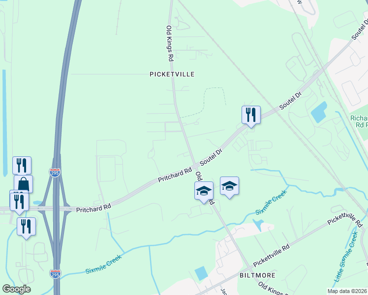 map of restaurants, bars, coffee shops, grocery stores, and more near 6612 Old Kings Road in Jacksonville