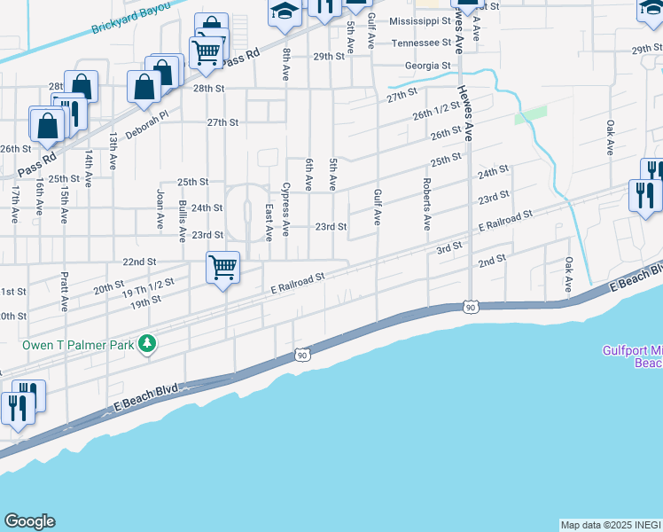 map of restaurants, bars, coffee shops, grocery stores, and more near 918 E Railroad St in Gulfport