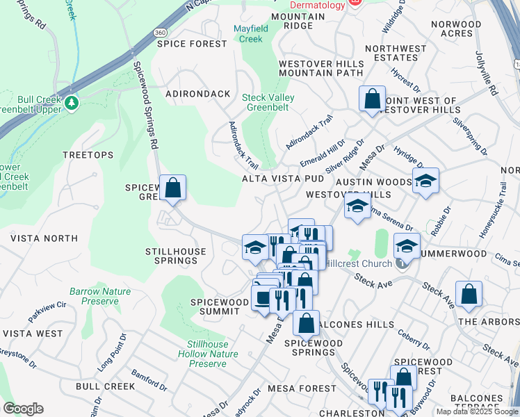 map of restaurants, bars, coffee shops, grocery stores, and more near 8200 Neely Drive in Austin