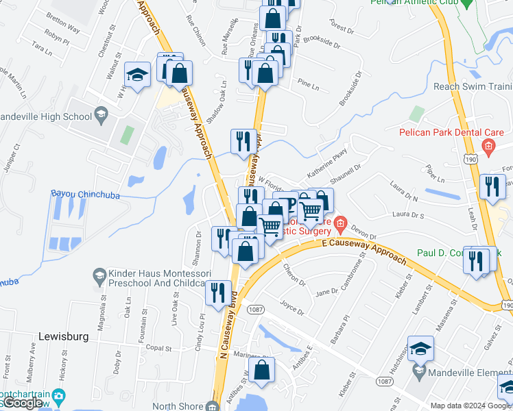 map of restaurants, bars, coffee shops, grocery stores, and more near 723 North Causeway Boulevard in Mandeville