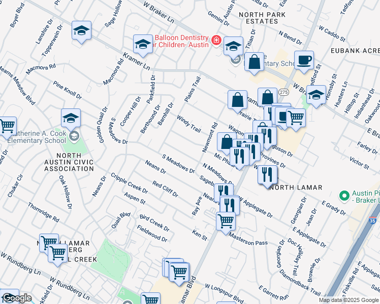 map of restaurants, bars, coffee shops, grocery stores, and more near 1008 North Meadows Drive in Austin