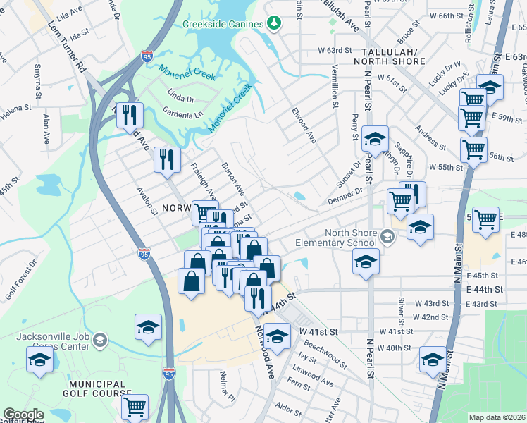 map of restaurants, bars, coffee shops, grocery stores, and more near 645 Carlton Street in Jacksonville