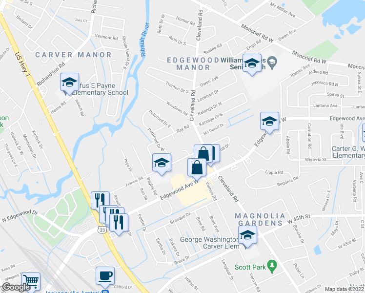 map of restaurants, bars, coffee shops, grocery stores, and more near 6133 Leontyne Price Court in Jacksonville