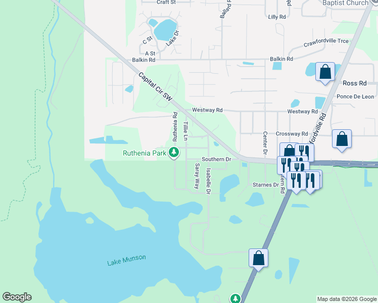 map of restaurants, bars, coffee shops, grocery stores, and more near 1308 Southern Drive in Tallahassee