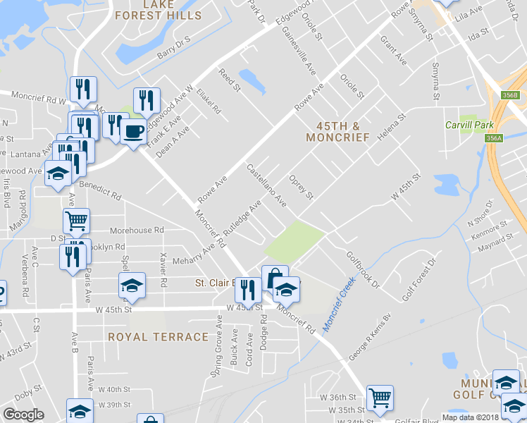 map of restaurants, bars, coffee shops, grocery stores, and more near 5770 Teeler Avenue in Jacksonville