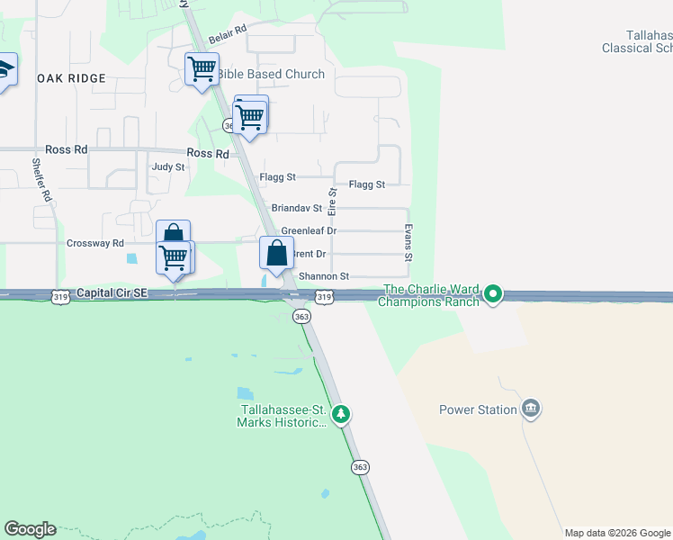 map of restaurants, bars, coffee shops, grocery stores, and more near 725 Shannon Street in Tallahassee