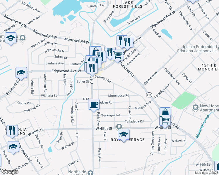 map of restaurants, bars, coffee shops, grocery stores, and more near 2102 Wilberforce Road in Jacksonville