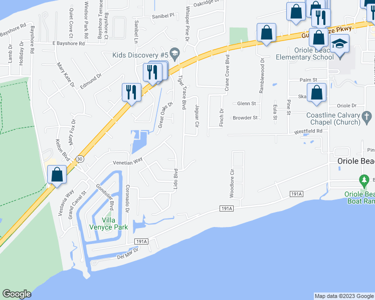 map of restaurants, bars, coffee shops, grocery stores, and more near 1106 Tiger Trace Boulevard in Gulf Breeze