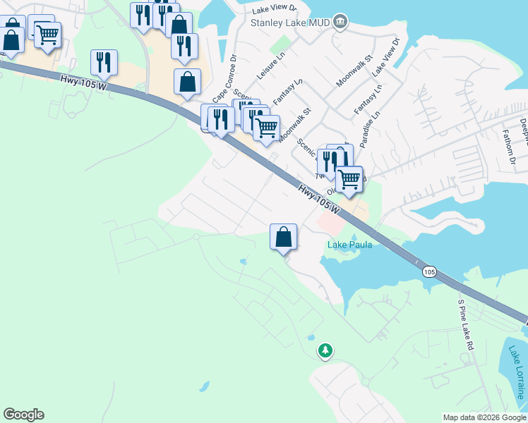 map of restaurants, bars, coffee shops, grocery stores, and more near 18409 Sunrise Oaks Court in Montgomery