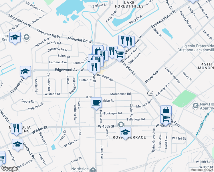 map of restaurants, bars, coffee shops, grocery stores, and more near 2164 Wilberforce Road in Jacksonville