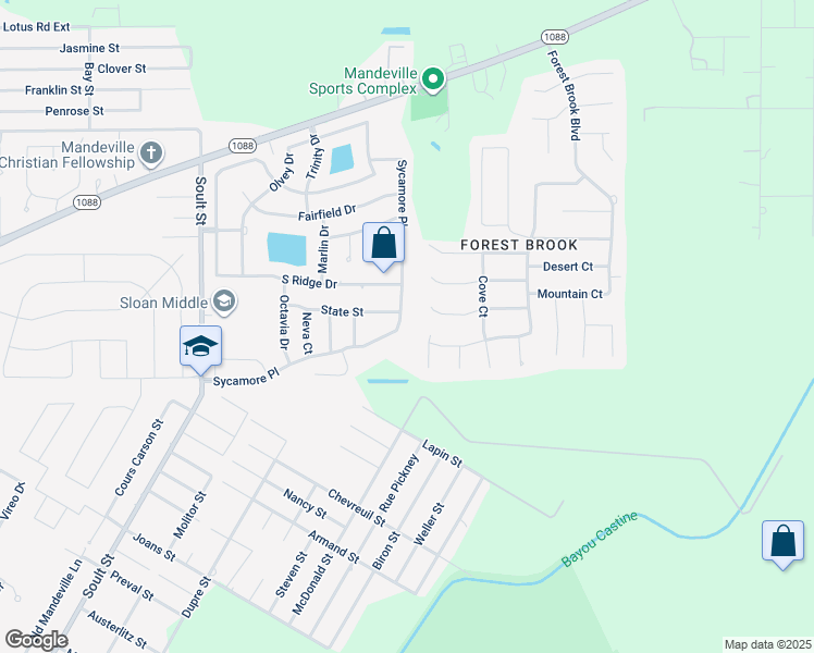 map of restaurants, bars, coffee shops, grocery stores, and more near 1348 Sycamore Place in Mandeville