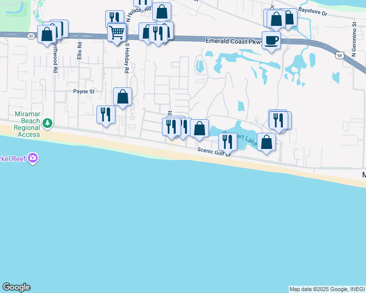 map of restaurants, bars, coffee shops, grocery stores, and more near 1630 Scenic Gulf Drive in Miramar Beach