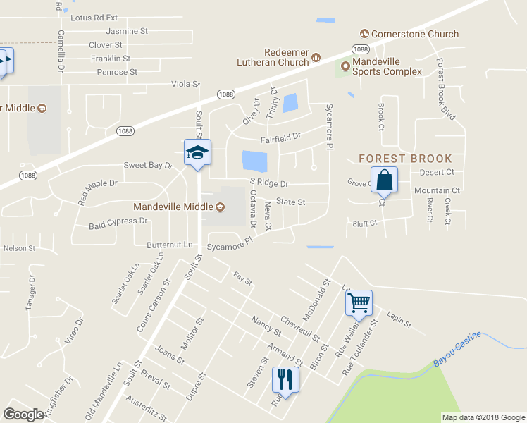 map of restaurants, bars, coffee shops, grocery stores, and more near 1851 Neva Court in Mandeville
