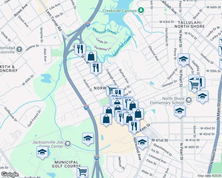 map of restaurants, bars, coffee shops, grocery stores, and more near in Jacksonville