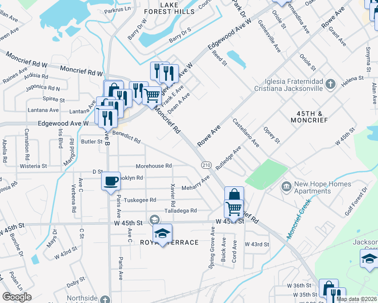 map of restaurants, bars, coffee shops, grocery stores, and more near 5758 Moncrief Road in Jacksonville