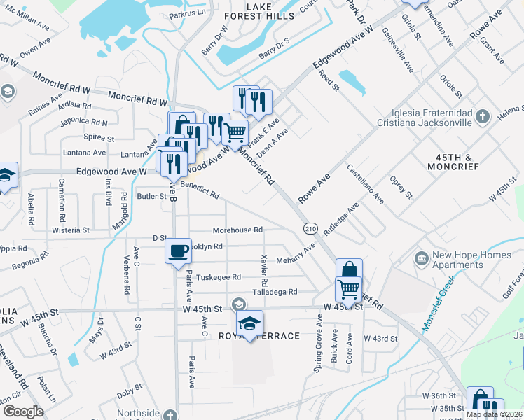 map of restaurants, bars, coffee shops, grocery stores, and more near 1969 Benedict Road in Jacksonville