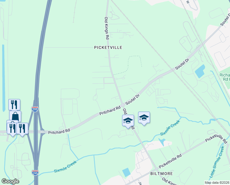 map of restaurants, bars, coffee shops, grocery stores, and more near 6612 Old Kings Road in Jacksonville