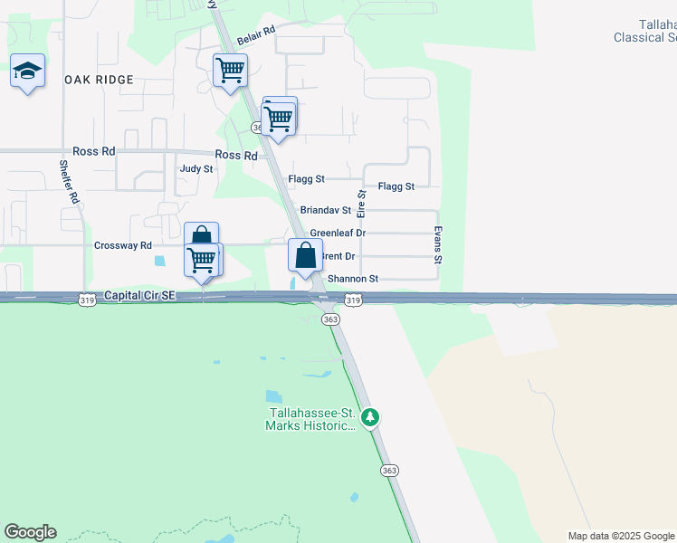map of restaurants, bars, coffee shops, grocery stores, and more near 4553B Woodville Highway in Tallahassee