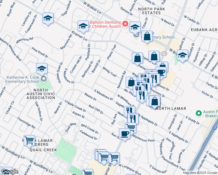 map of restaurants, bars, coffee shops, grocery stores, and more near 1008 North Meadows Drive in Austin