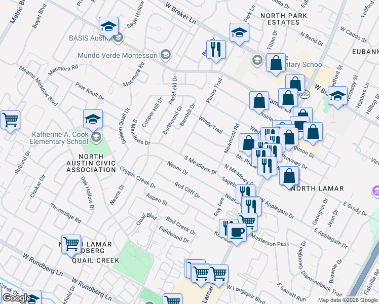 map of restaurants, bars, coffee shops, grocery stores, and more near 1102 South Meadows Drive in Austin