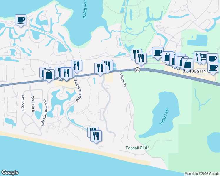 map of restaurants, bars, coffee shops, grocery stores, and more near 56 Kensington Lane in Miramar Beach