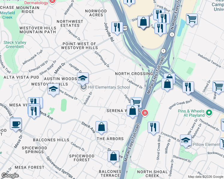 map of restaurants, bars, coffee shops, grocery stores, and more near 8614 Honeysuckle Trail in Austin