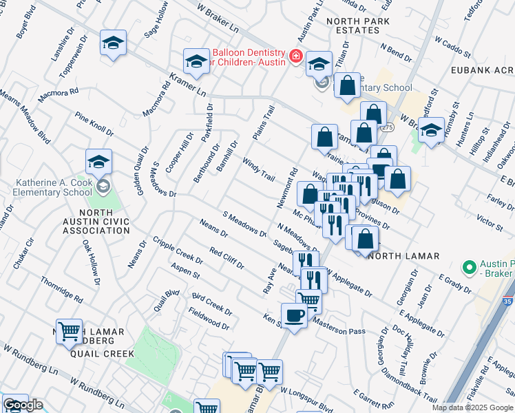 map of restaurants, bars, coffee shops, grocery stores, and more near 1010 North Meadows Drive in Austin