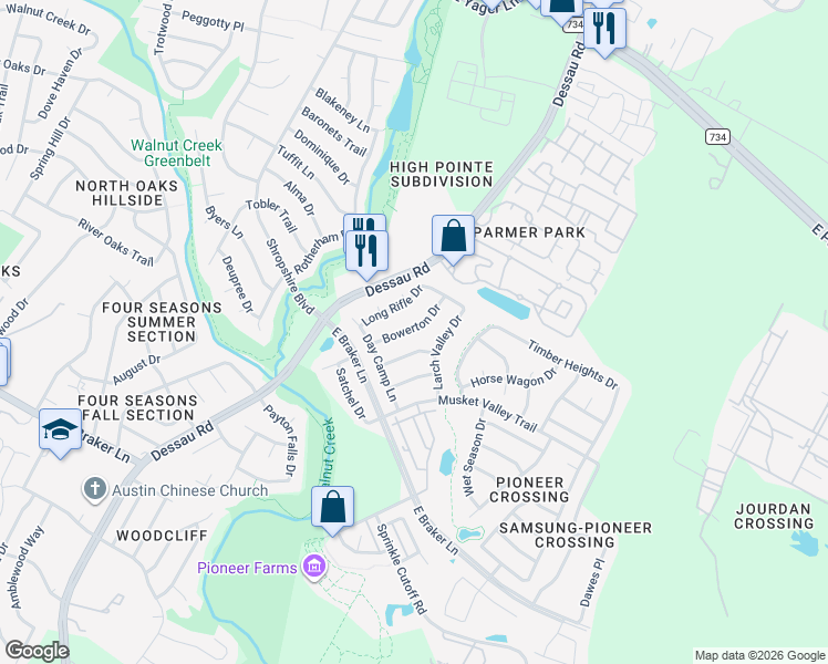 map of restaurants, bars, coffee shops, grocery stores, and more near 11604 Larch Valley Drive in Austin