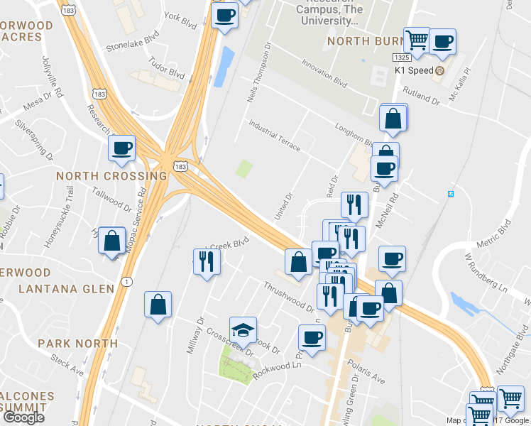 map of restaurants, bars, coffee shops, grocery stores, and more near 9177 Research Boulevard in Austin