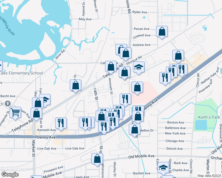 map of restaurants, bars, coffee shops, grocery stores, and more near 3735 Amonett Street in Pascagoula