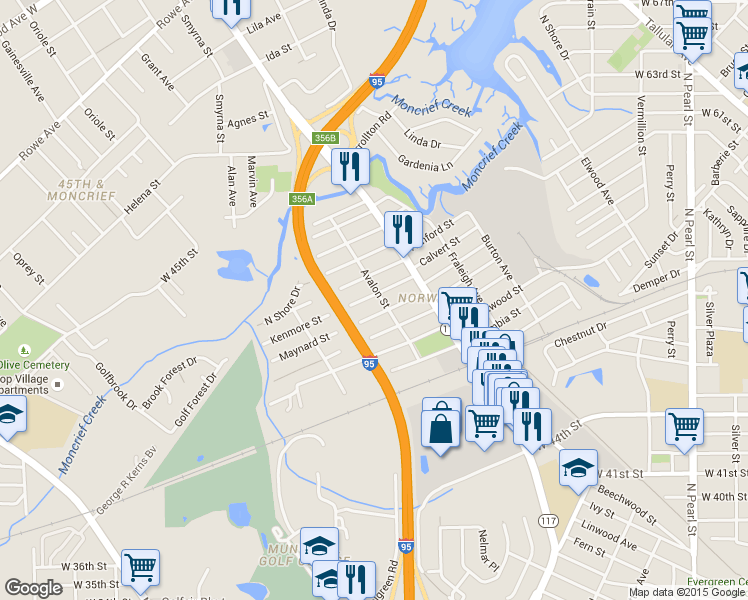 map of restaurants, bars, coffee shops, grocery stores, and more near 1010 Kenmore Street in Jacksonville