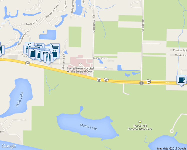 map of restaurants, bars, coffee shops, grocery stores, and more near 141 Mack Bayou Road in Santa Rosa Beach