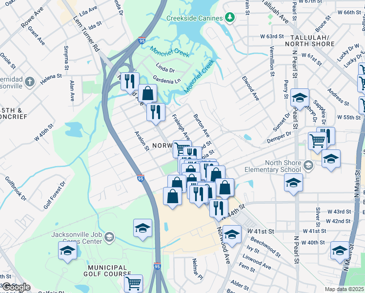 map of restaurants, bars, coffee shops, grocery stores, and more near 831 Broxton Street in Jacksonville