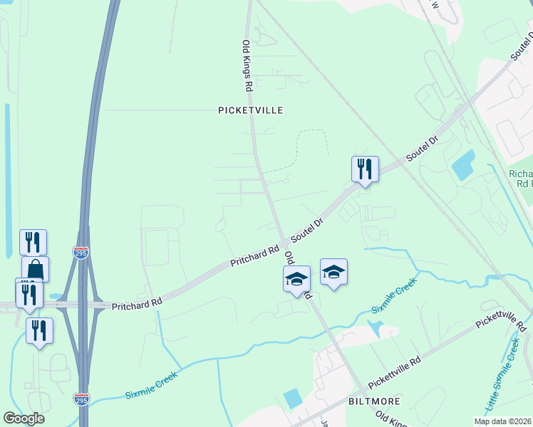 map of restaurants, bars, coffee shops, grocery stores, and more near 6612 Old Kings Road in Jacksonville