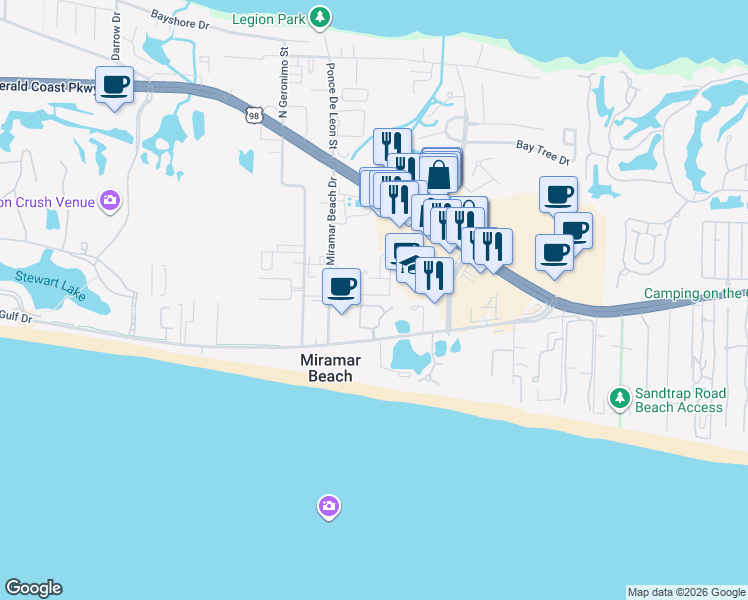 map of restaurants, bars, coffee shops, grocery stores, and more near 172 Rue St Tropez in Miramar Beach