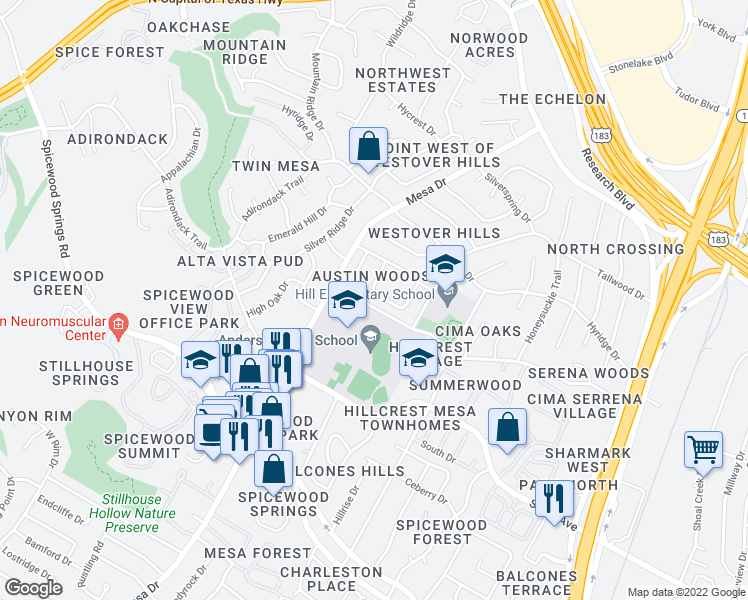 map of restaurants, bars, coffee shops, grocery stores, and more near 4005 Amy Circle in Austin