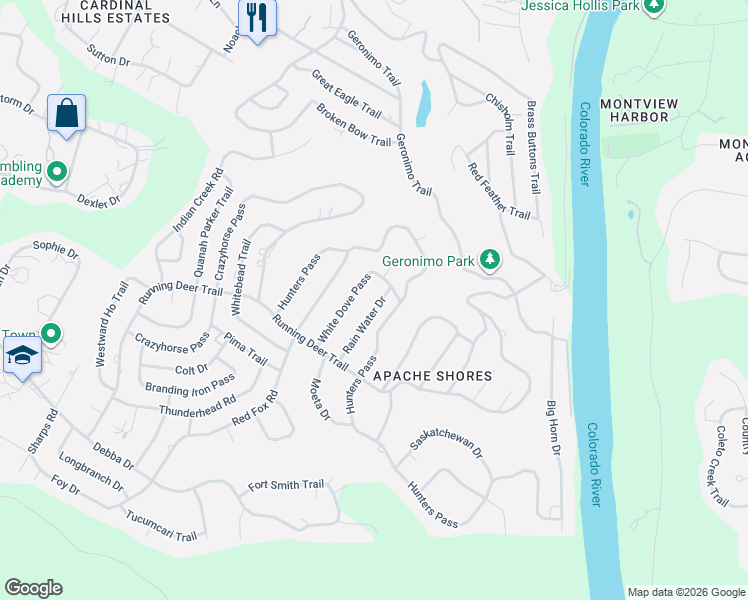 map of restaurants, bars, coffee shops, grocery stores, and more near 14243 Hunters Pass in Austin