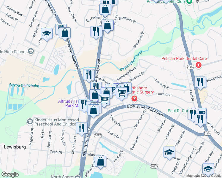 map of restaurants, bars, coffee shops, grocery stores, and more near 3990 West Florida Street in Mandeville